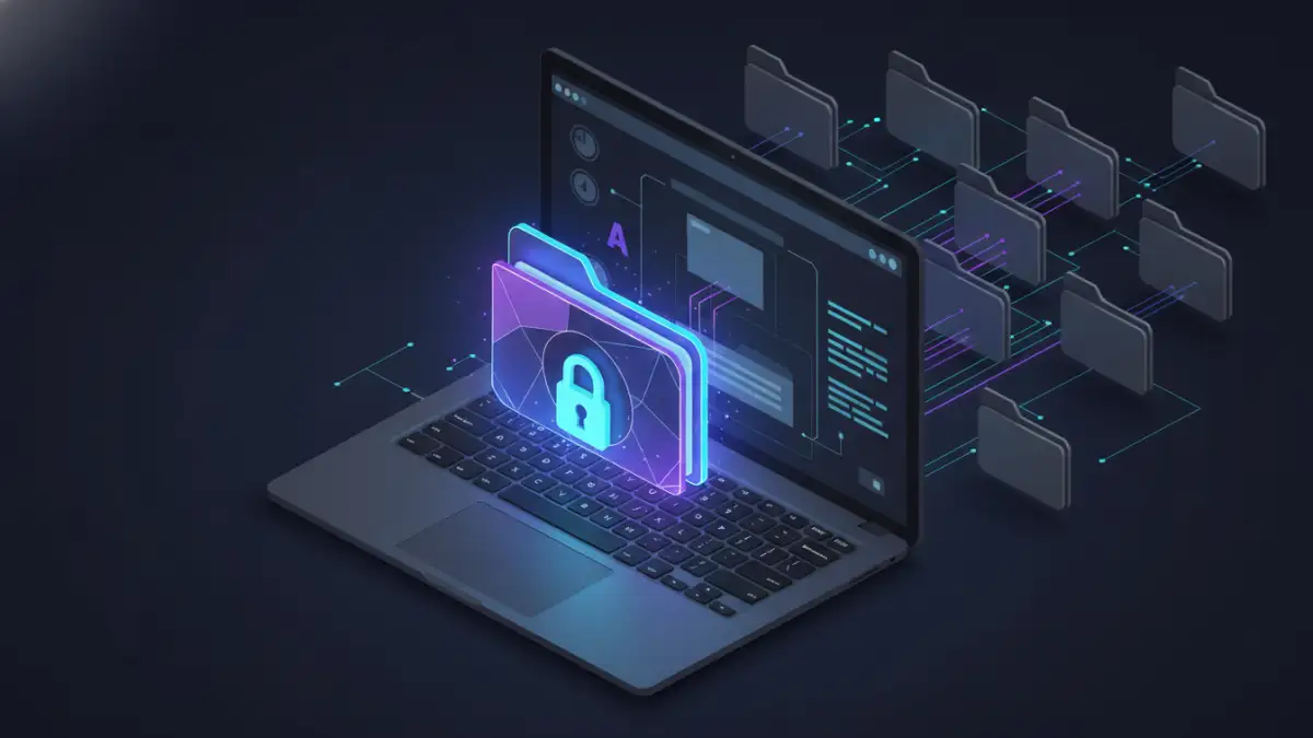 non profit file encryption - A visual representation of an encrypted container or secure folder on a laptop.