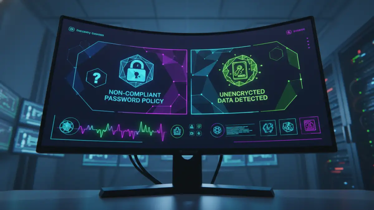 NYDFS password encryption mandates NYDFS password encryption mandates - A security operations center monitor showing alerts for non-compliance with data encryption requirements.
