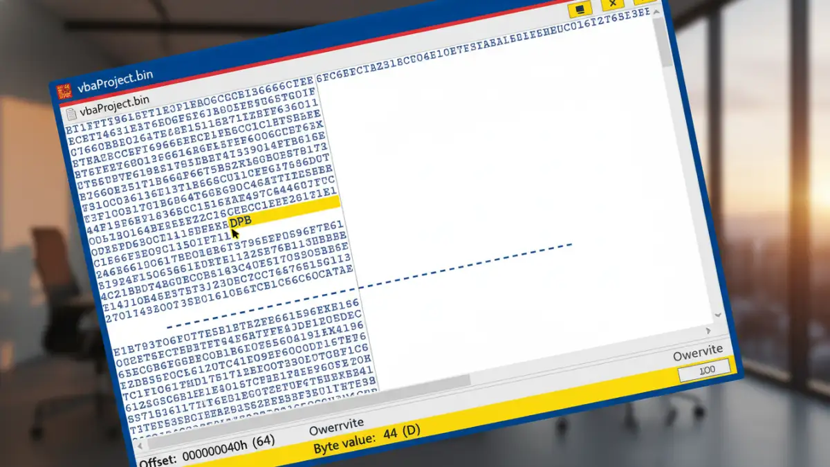 office 365 document password office 365 document password - A close-up of a hex editor showing the 'DPB' string in a vbaProject.bin file.