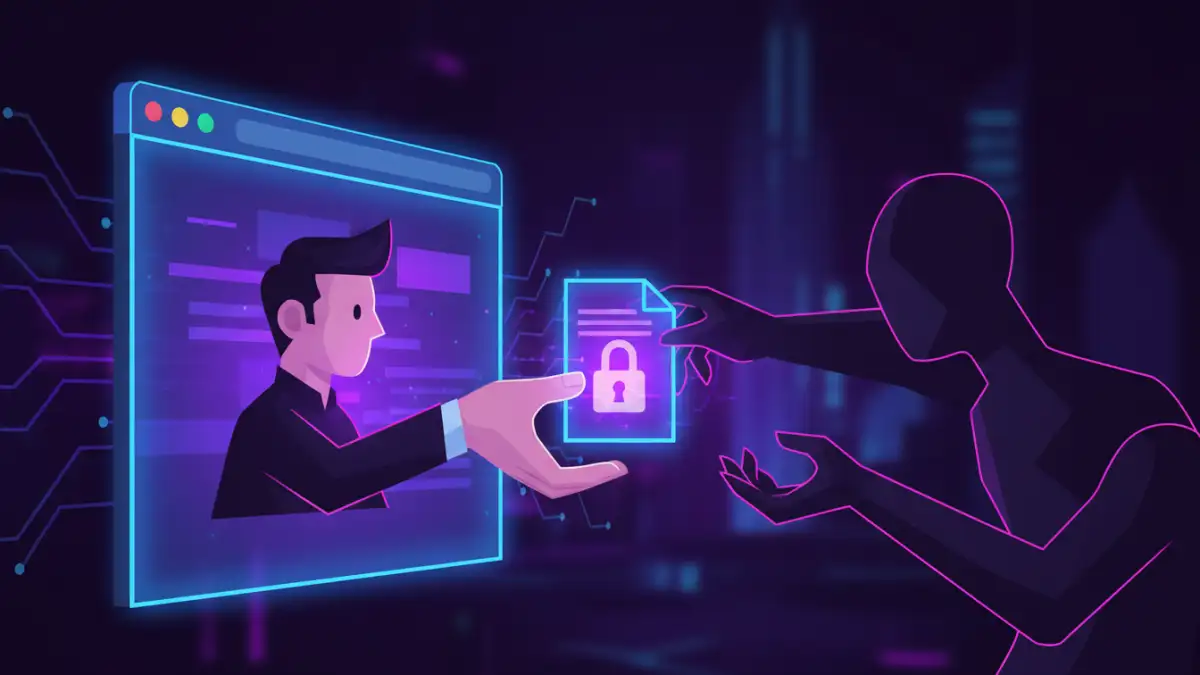 online archive password security - A user handing a locked file to a shadowy figure online, illustrating the risks of online archive unlockers.