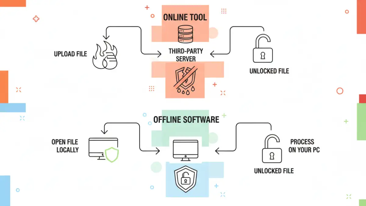 online pdf security online pdf security - An infographic comparing the process and security of online vs. offline PDF unlocking methods.