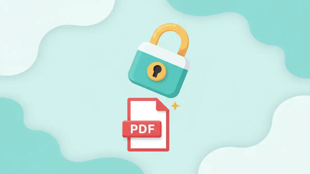 Illustration of a padlock unlocking a PDF document icon, symbolizing online PDF unlock