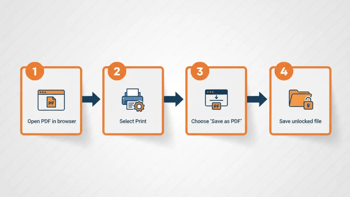 online pdf unlock - Infographic showing step-by-step process for removing PDF passwords via browser print function