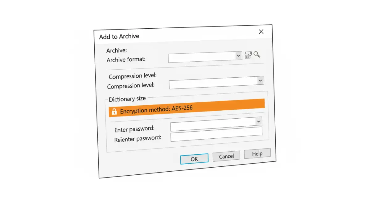 open source file encryption - Illustration showing the encryption options within the 7-Zip software.