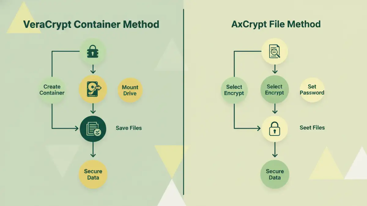 open source file encryption - Infographic comparing the encryption process of VeraCrypt and AxCrypt.