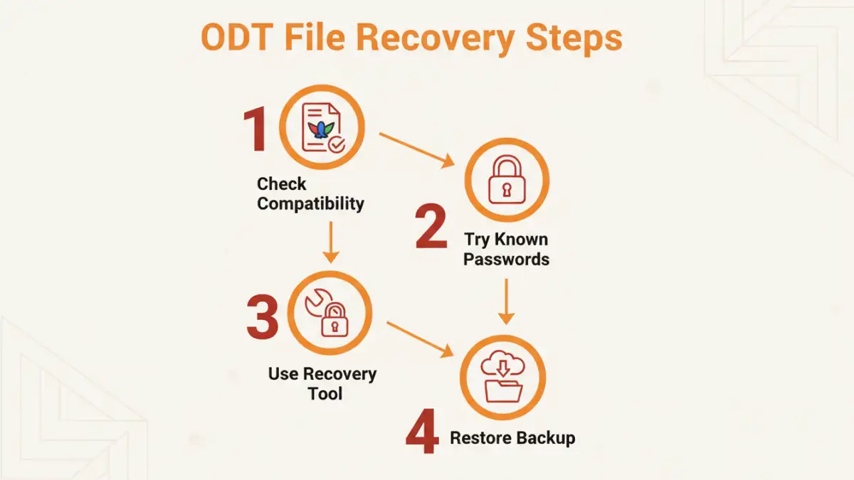 OpenDocument password removal - Step-by-step infographic for ODT file password recovery