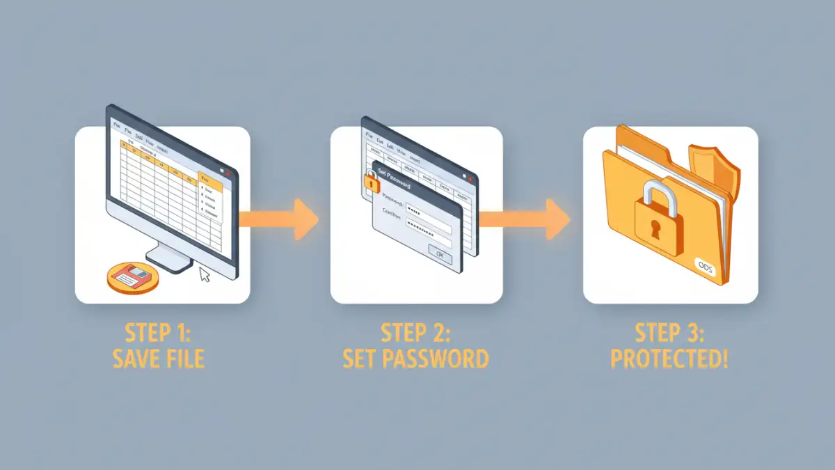 openoffice spreadsheet security - Infographic detailing the process of password-protecting an OpenOffice Calc spreadsheet.