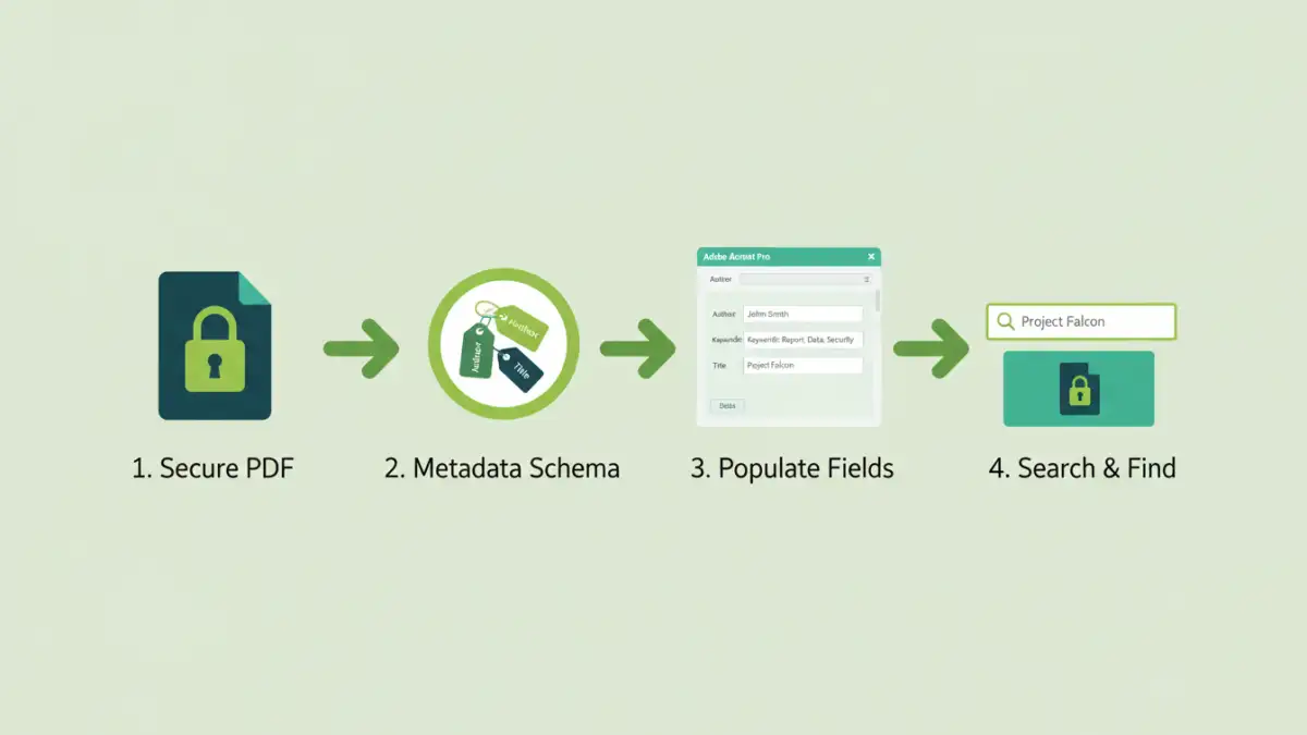 organize secure pdf Infographic showing the 4-step process to organize secure PDFs with metadata.