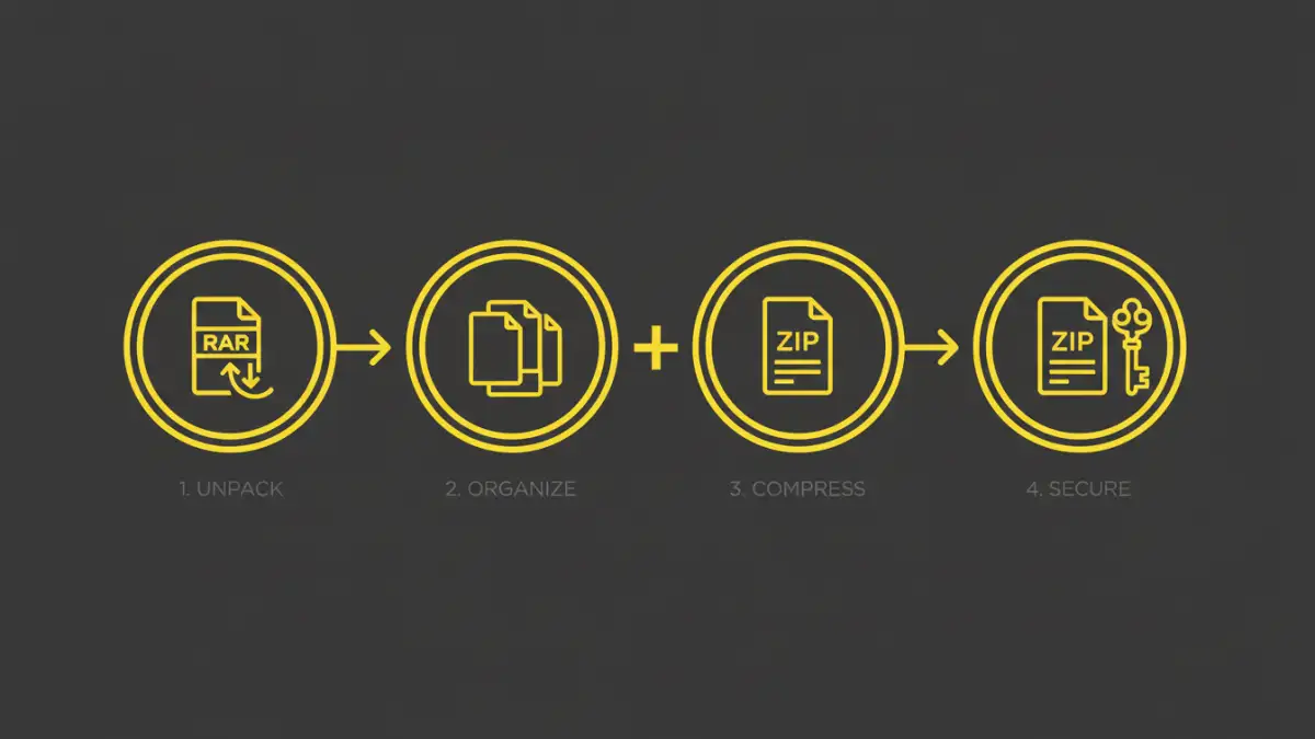password encryption for files - Infographic showing the four steps to convert and encrypt a RAR file to ZIP.