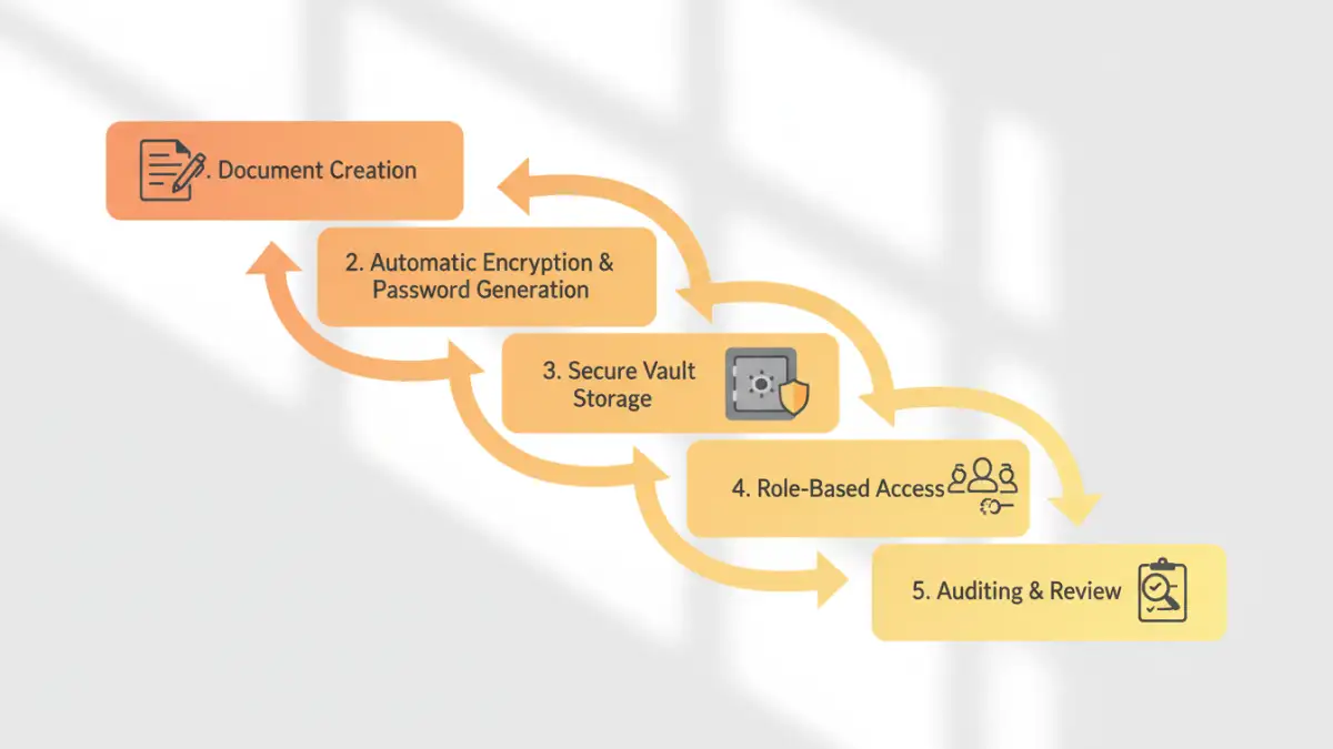 password management documents password management documents - Infographic showing a 5-step automated document password management workflow