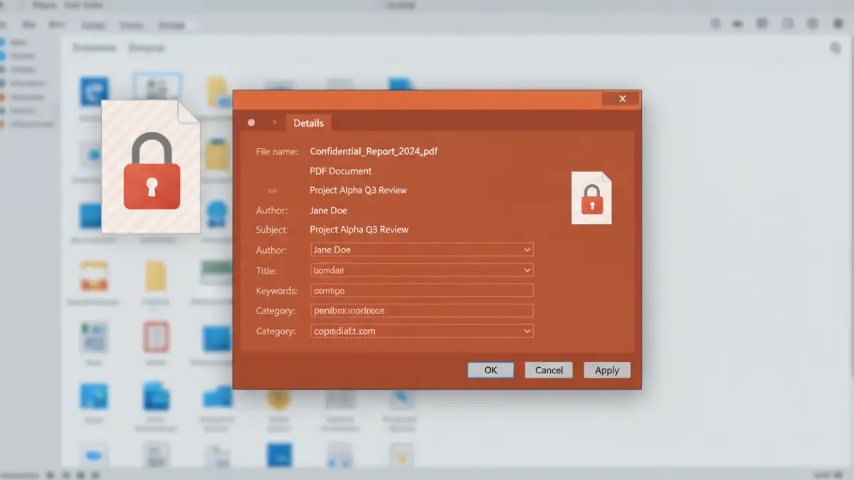 password protected document metadata - The file properties window showing accessible metadata for a locked PDF file.