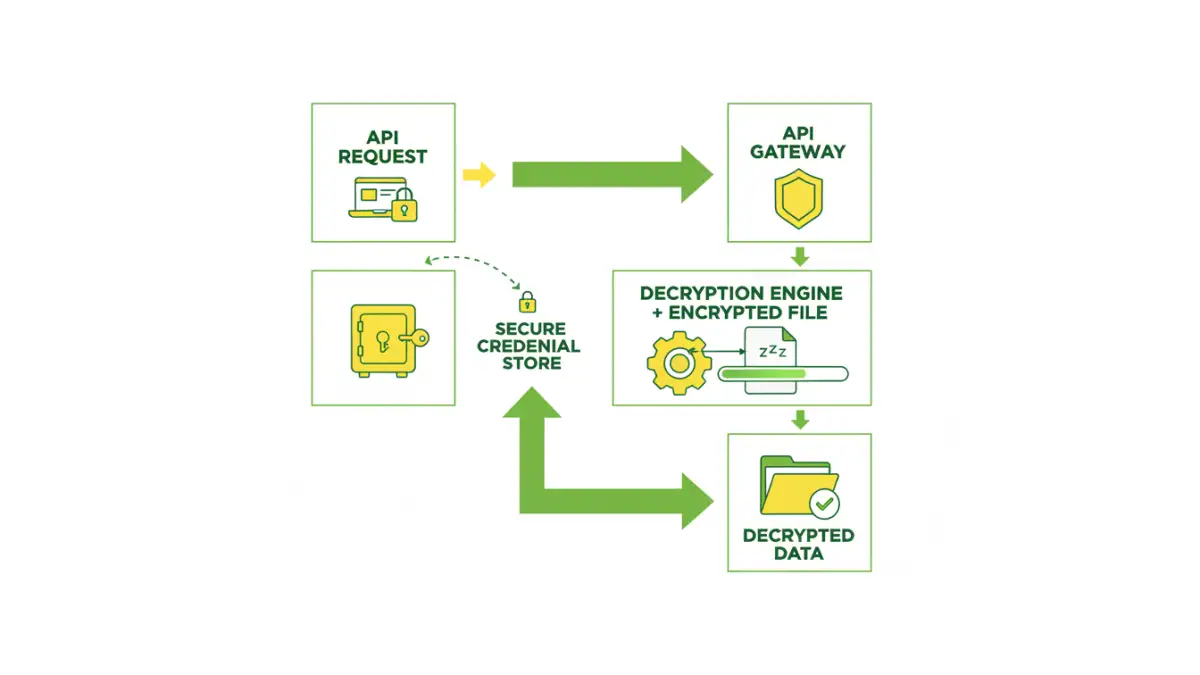 password protected file api - Infographic showing the step-by-step process of accessing password-protected files via API
