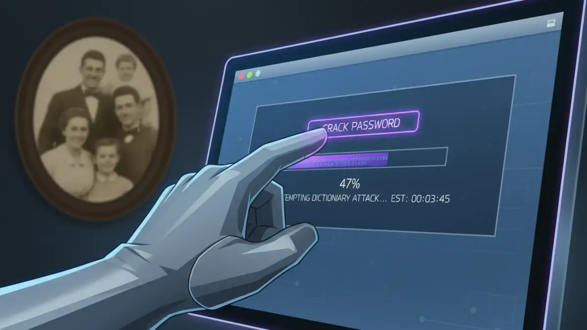 Desktop software being used for password protected PDF recovery, with an old family photo in the background.