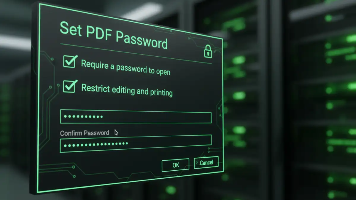 A software interface showing advanced options for password protecting a PDF file.