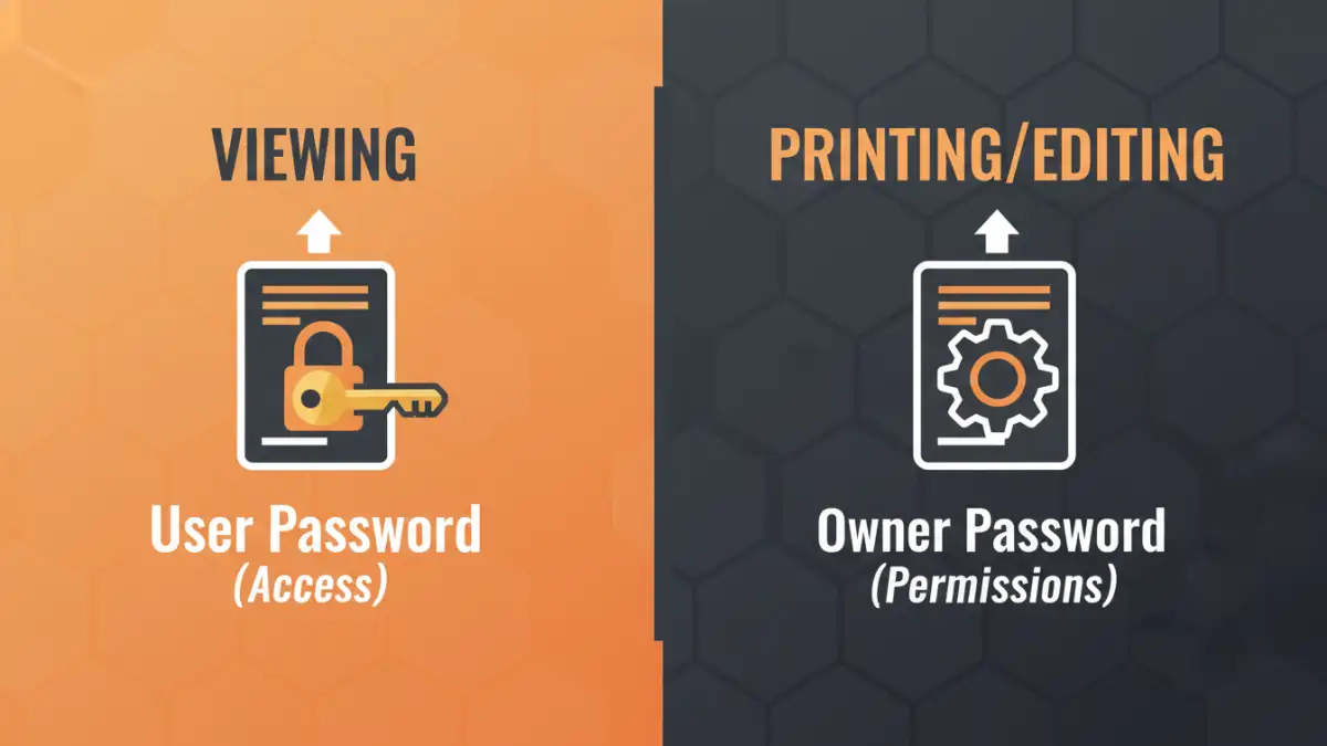 password protecting a pdf file - Infographic comparing User Passwords for access versus Owner Passwords for permissions on a PDF.