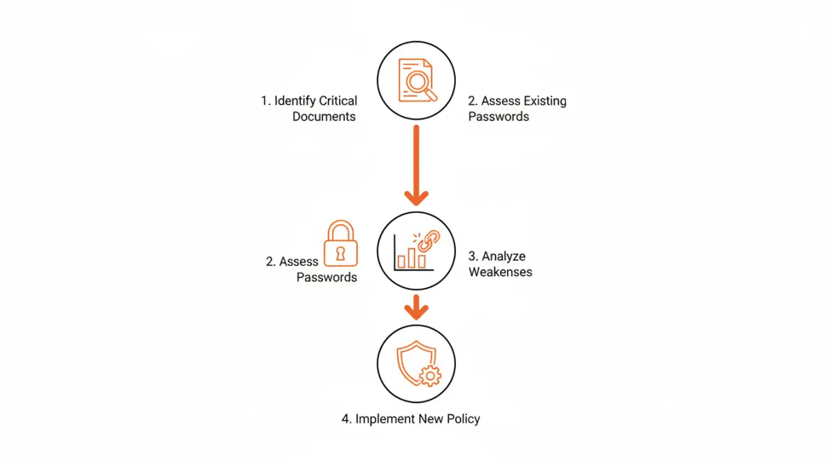 password strength audit Infographic flowchart of the four steps in a password strength audit process.