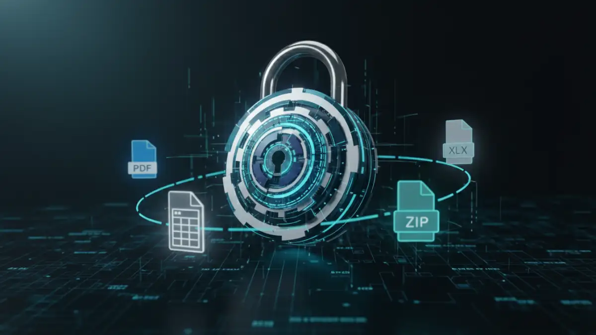 password strength document formats - Managing password strength across various document formats with a digital lock and icons