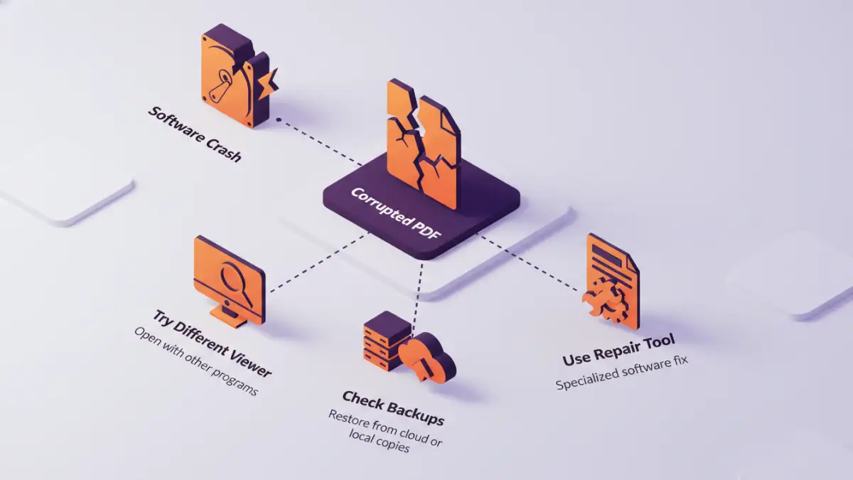 pdf corruption repair - Infographic illustrating step-by-step PDF recovery methods