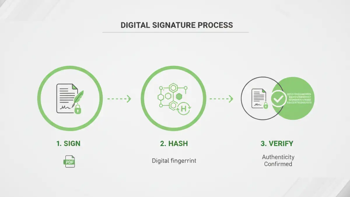 Infographic explaining how digital signatures ensure PDF data integrity