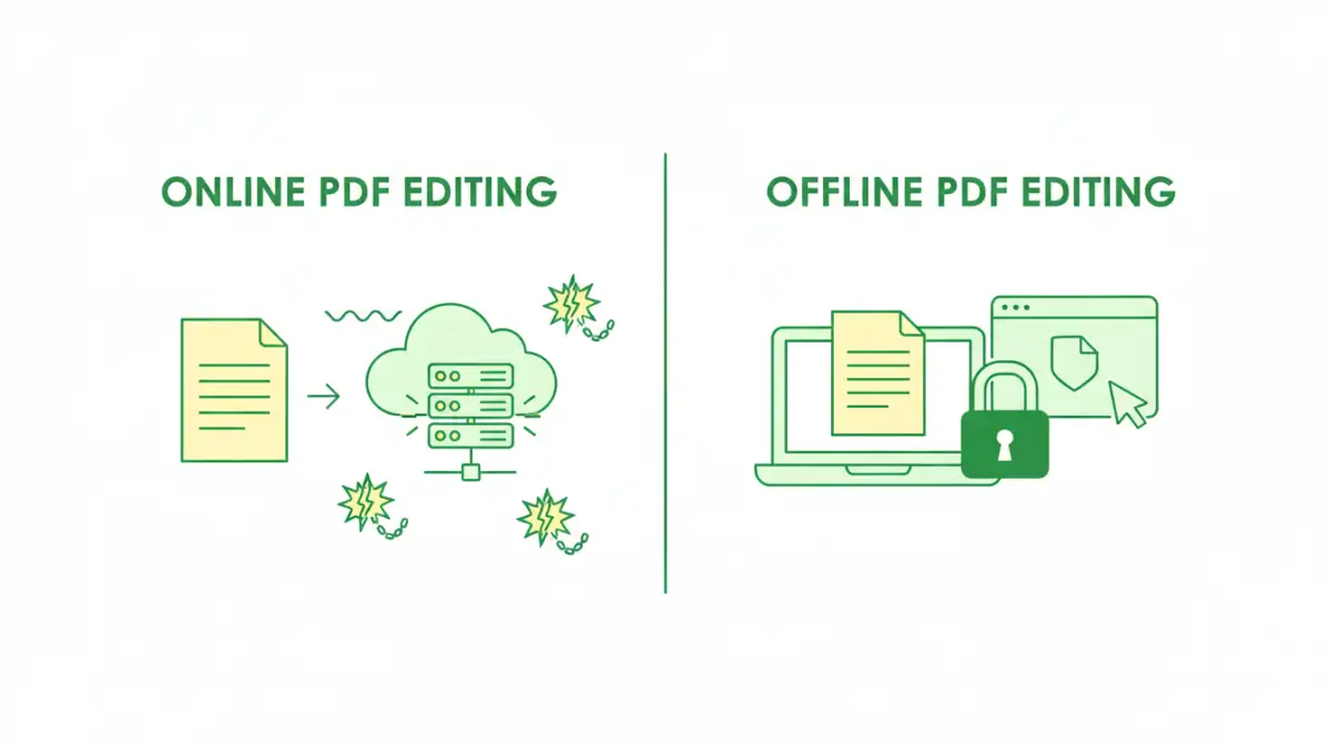 pdf editing security pdf editing security - Infographic showing data flow and security risks for online versus offline PDF editing