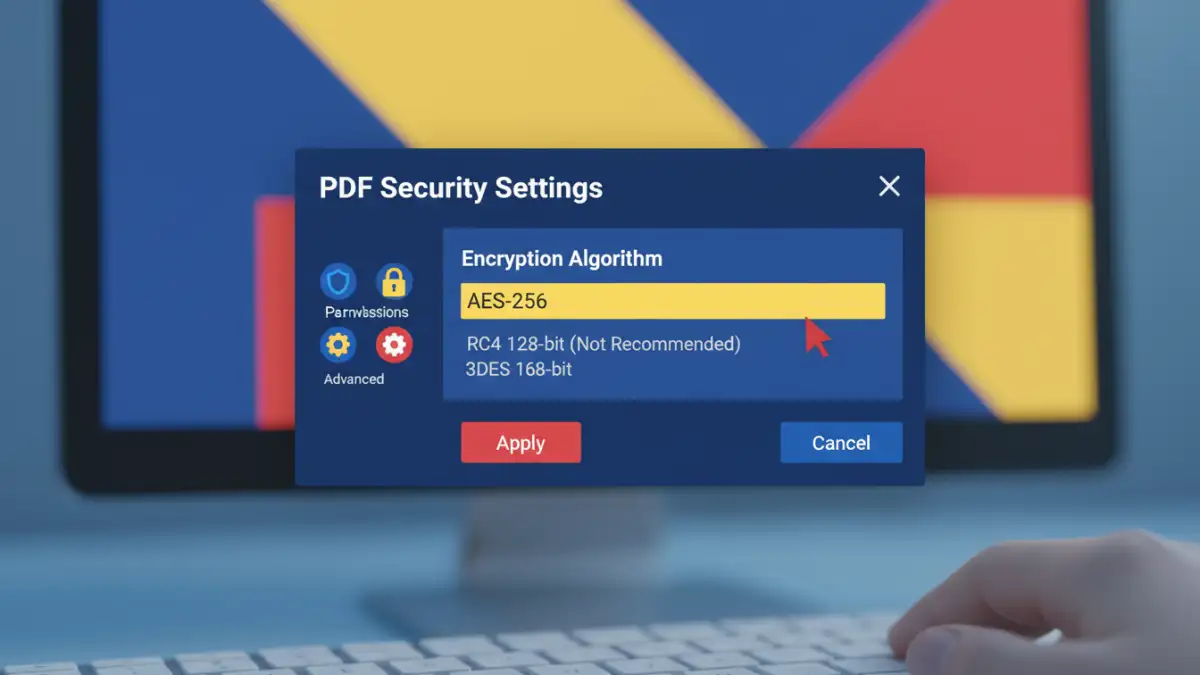 pdf encryption algorithms pdf encryption algorithms - A software interface showing the selection of AES-256 encryption for a new PDF document.