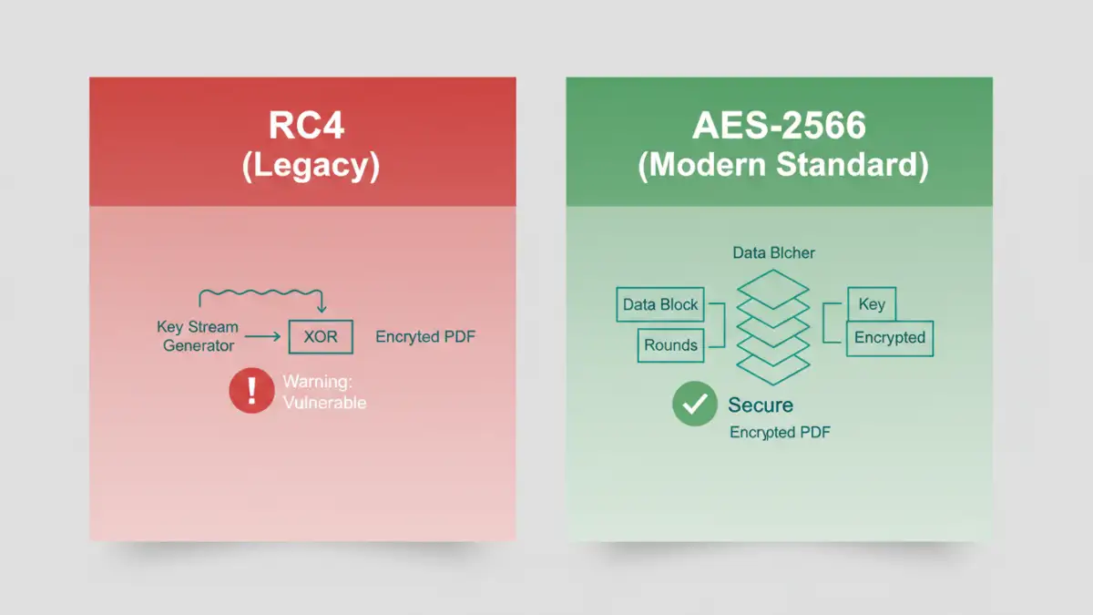 pdf encryption algorithms pdf encryption algorithms - Infographic comparing the security and structure of RC4 and AES encryption algorithms.