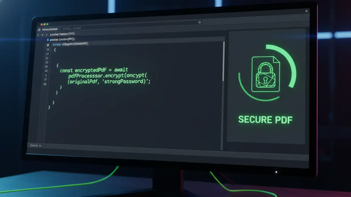 pdf encryption api integration - Developer's screen showing code for PDF encryption API call and secure document