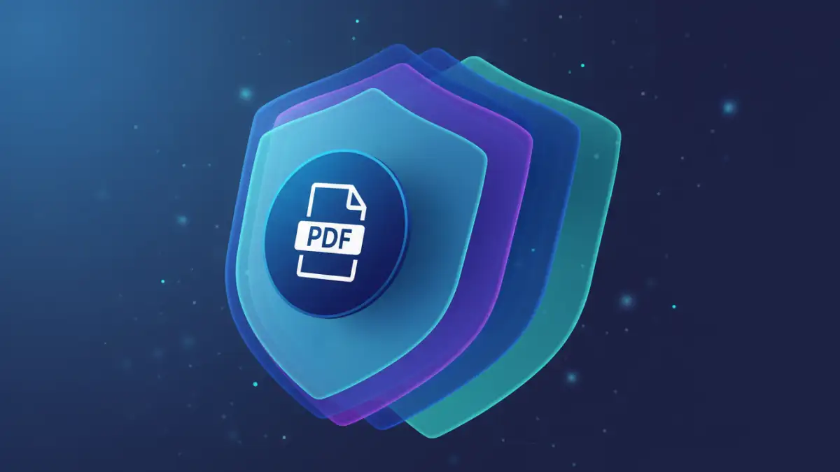 An abstract image showing multiple layers of digital security protecting a PDF document, representing different pdf encryption levels.