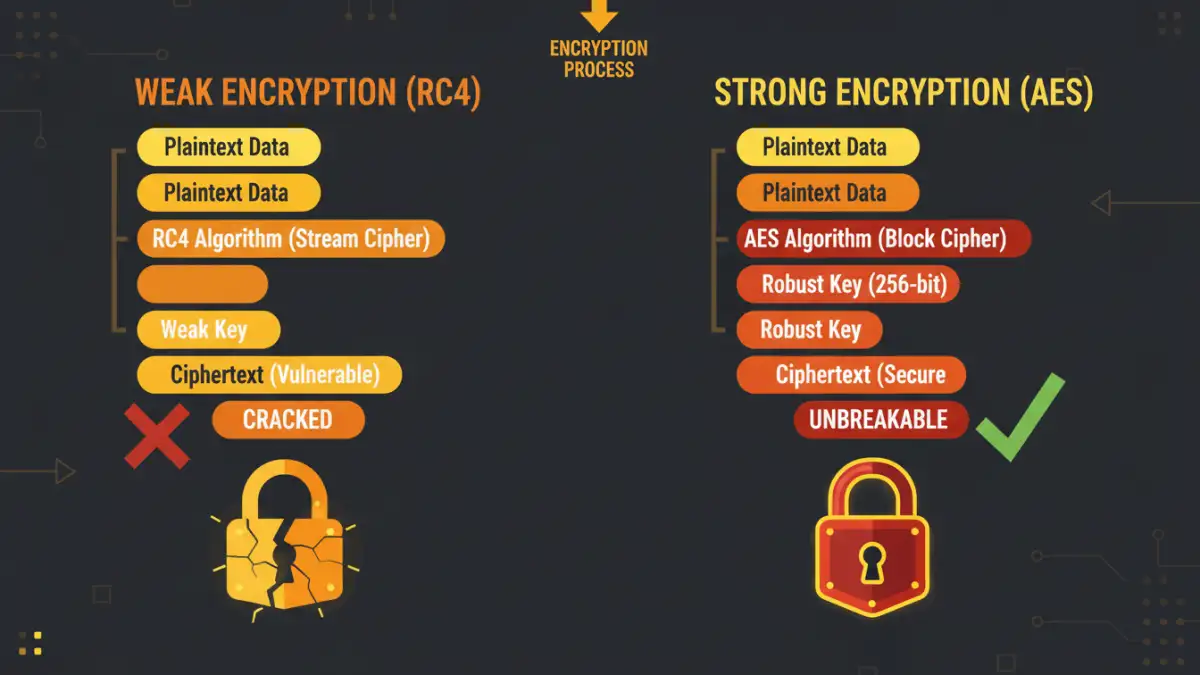 pdf encryption levels - Infographic comparing weak RC4 encryption to strong AES document encryption standards.