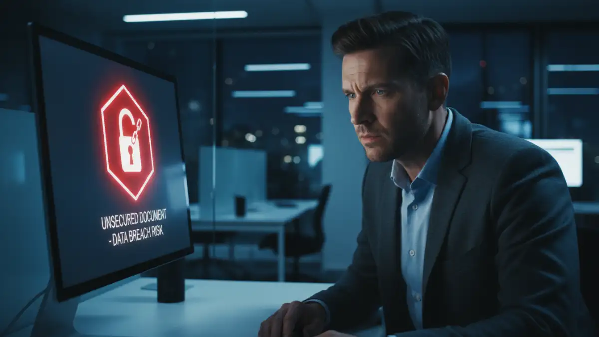 PDF encryption use - An employee looking at an unsecured sensitive document on a computer