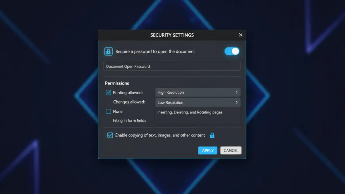 pdf encryption user permissions - Screenshot of PDF software showing security settings for encryption and permissions