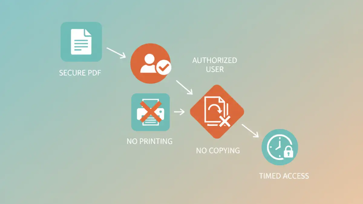 pdf password protection pdf password protection - Infographic explaining key DRM features for PDF protection like access control, print restrictions, and time limits.