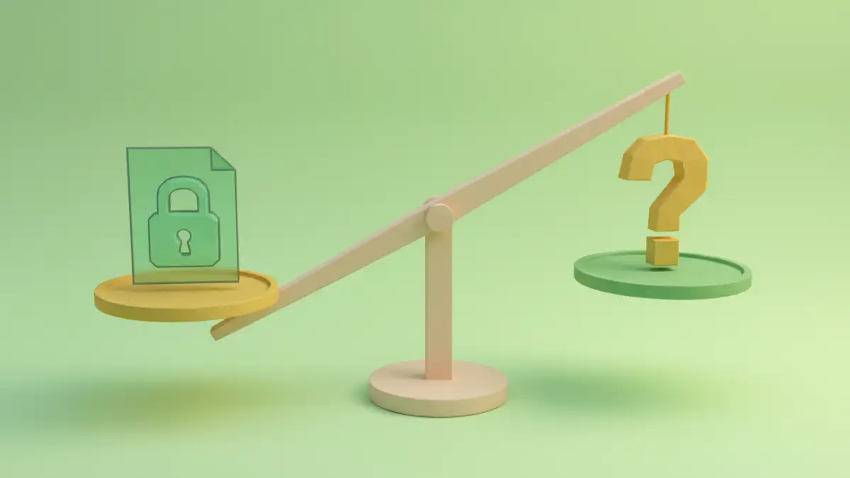 An illustration of a scale balancing a locked document and a key, representing pdf password recovery ethics.
