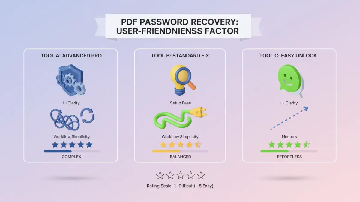 Infographic comparing user-friendliness aspects of PDF password recovery tools
