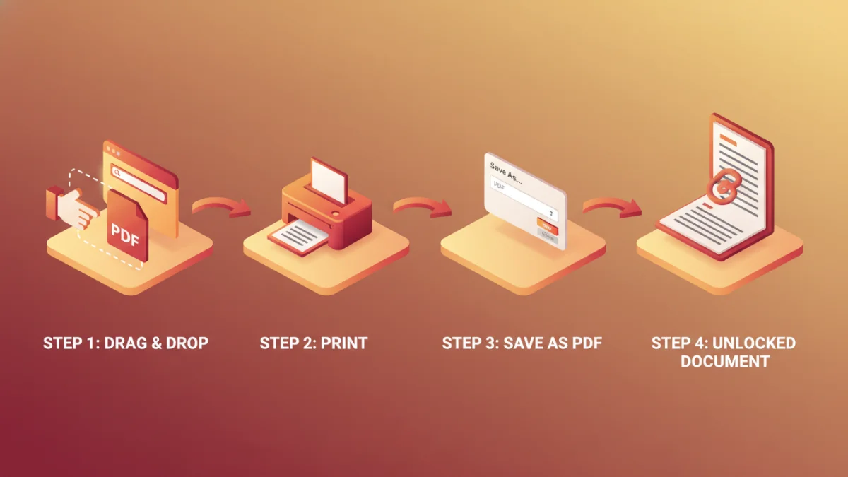 pdf password remover windows download now - Infographic showing the 4-step browser trick to remove PDF password restrictions.