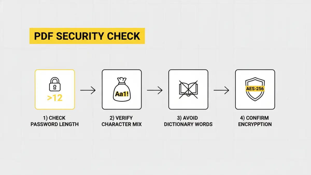 pdf password strength - An infographic flowchart explaining how to check pdf password security.