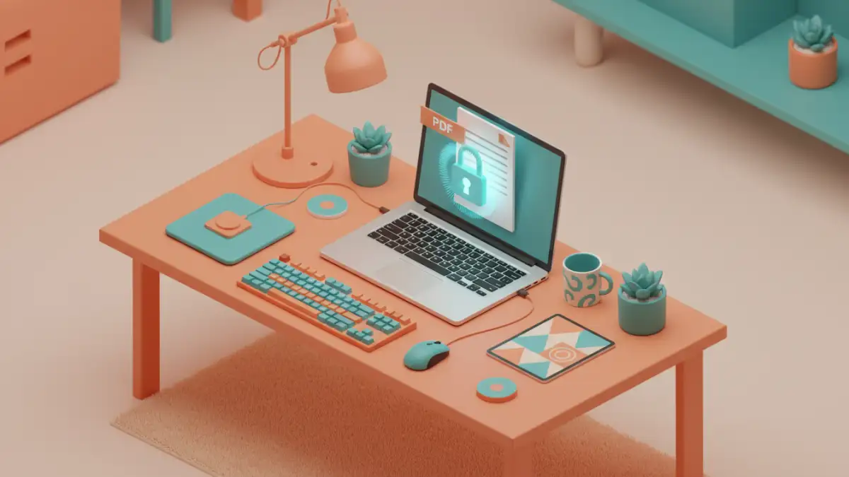 pdf password success story - A secure PDF on a laptop screen representing a freelancer's intellectual property protection.