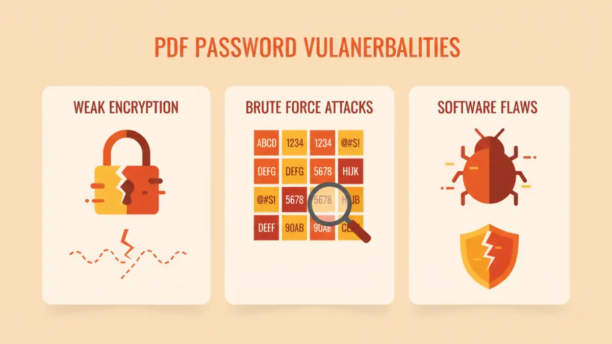 Infographic explaining common PDF password vulnerabilities and exploitation methods