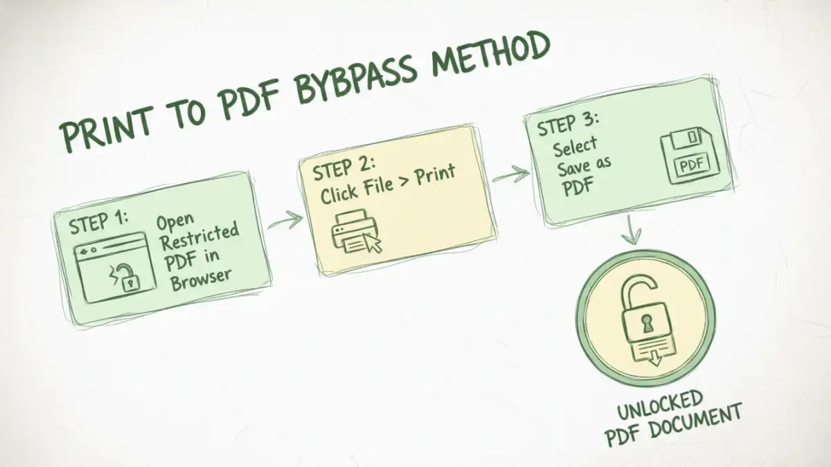 pdf permission passwords - A step-by-step diagram illustrating how the browser print trick bypasses PDF permissions.