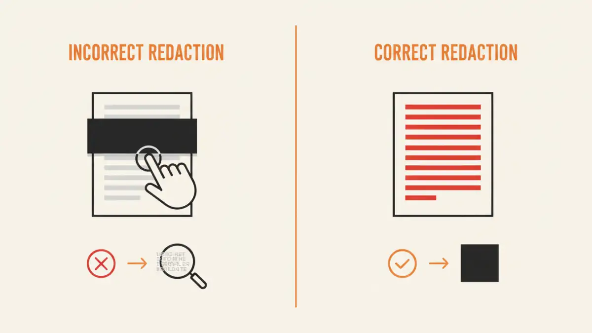 pdf redaction tools - Infographic comparing incorrect redaction (covering text) with correct redaction (removing text).