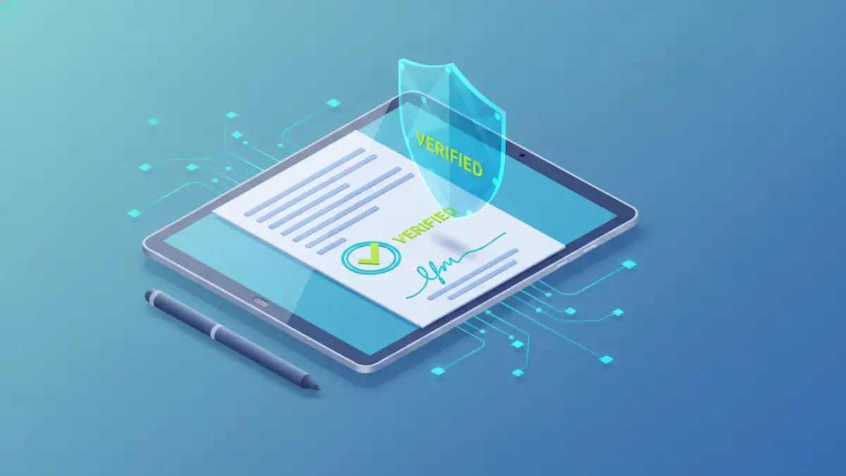 pdf security features comparison - A 3D illustration of a document being digitally signed and verified on a tablet.