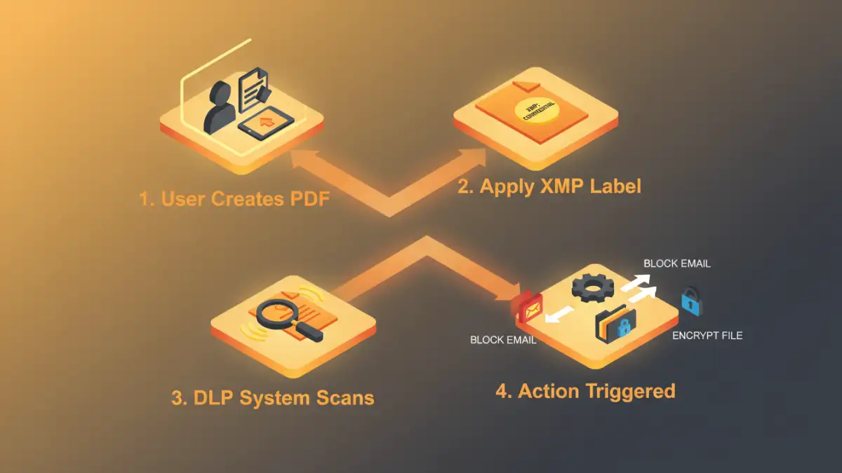 Infographic showing the workflow of automated PDF security labeling with XMP.