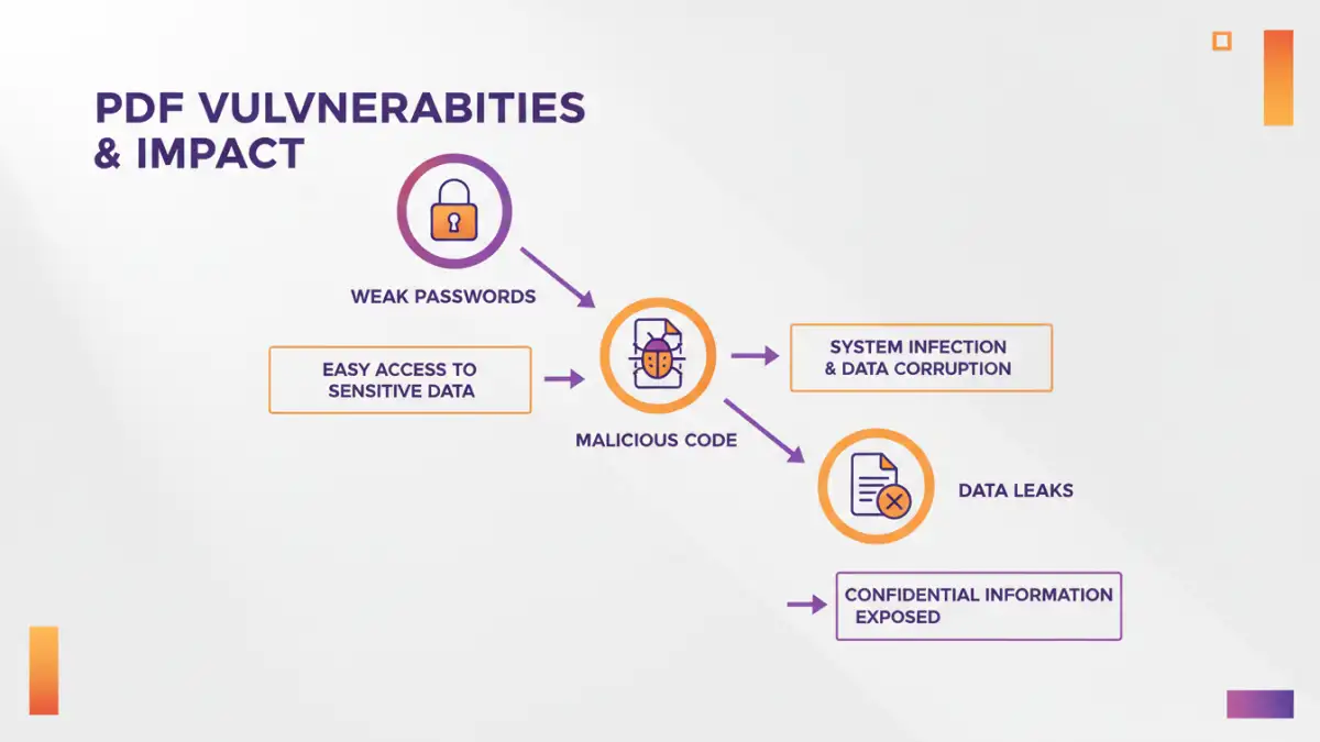 pdf security risk - Infographic showing common PDF vulnerabilities and their impact