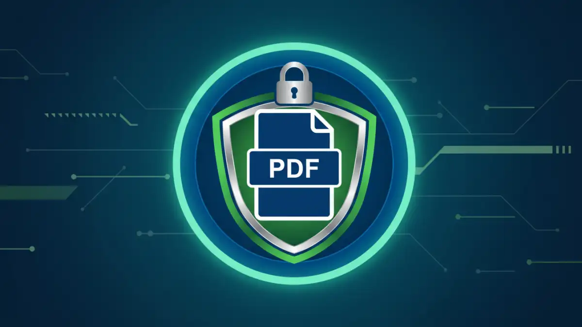 pdf security standards - Secure PDF document with shield and lock motif