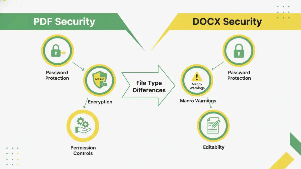 pdf vs docx security - Infographic detailing security features of PDF and DOCX formats