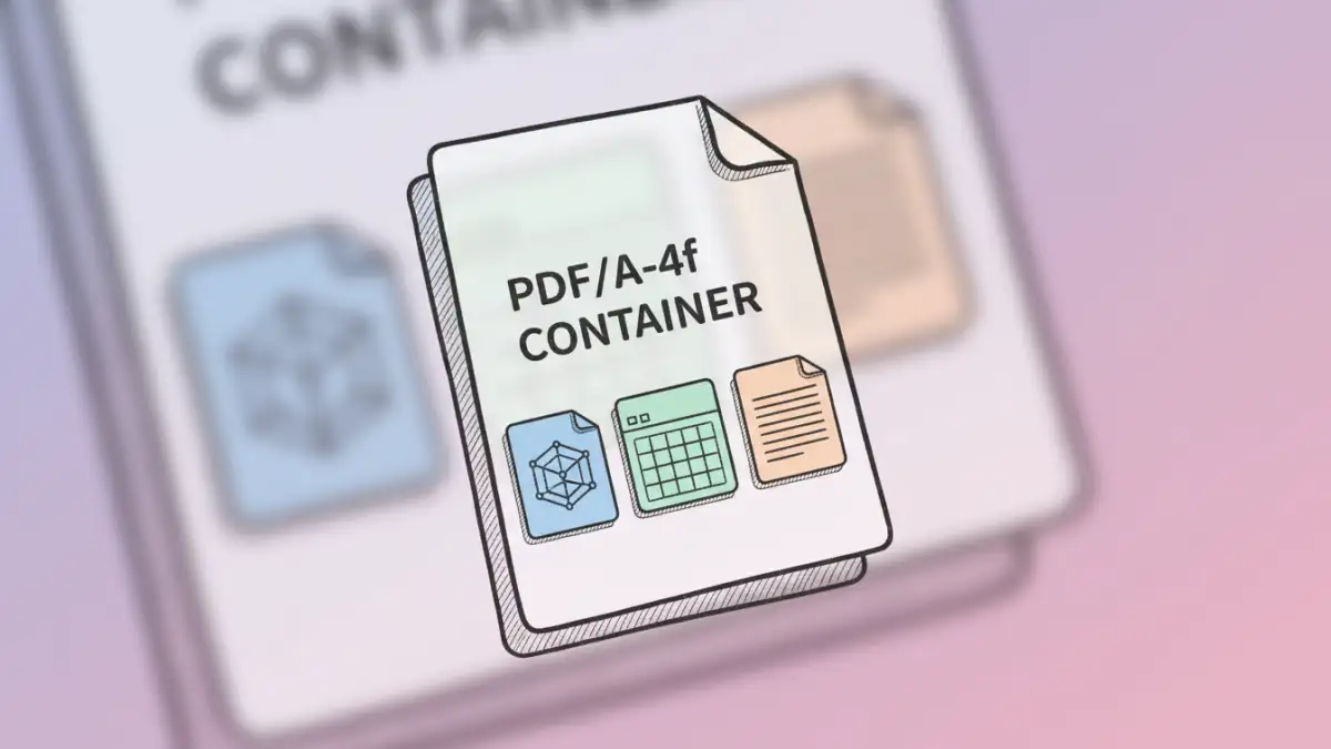 pdfa 4 document security - Illustration of a PDF/A-4f document securely embedding various file types for archiving.