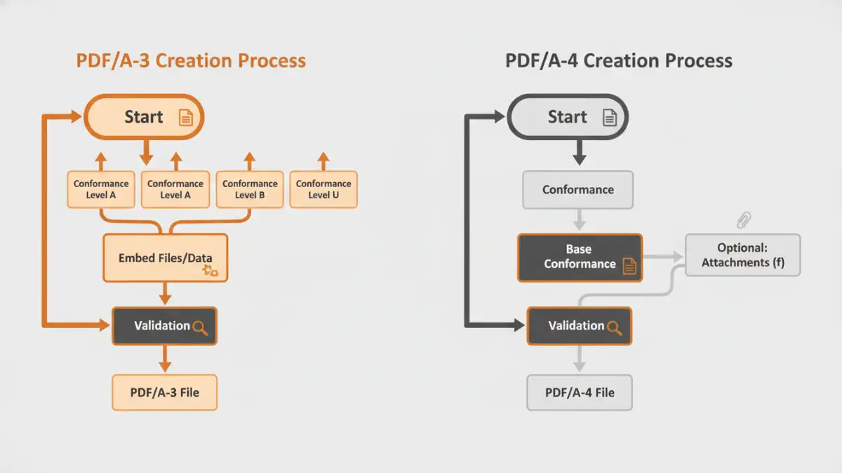 pdfa 4 document security - Infographic comparing the workflow of creating PDF/A-3 and PDF/A-4 compliant documents.