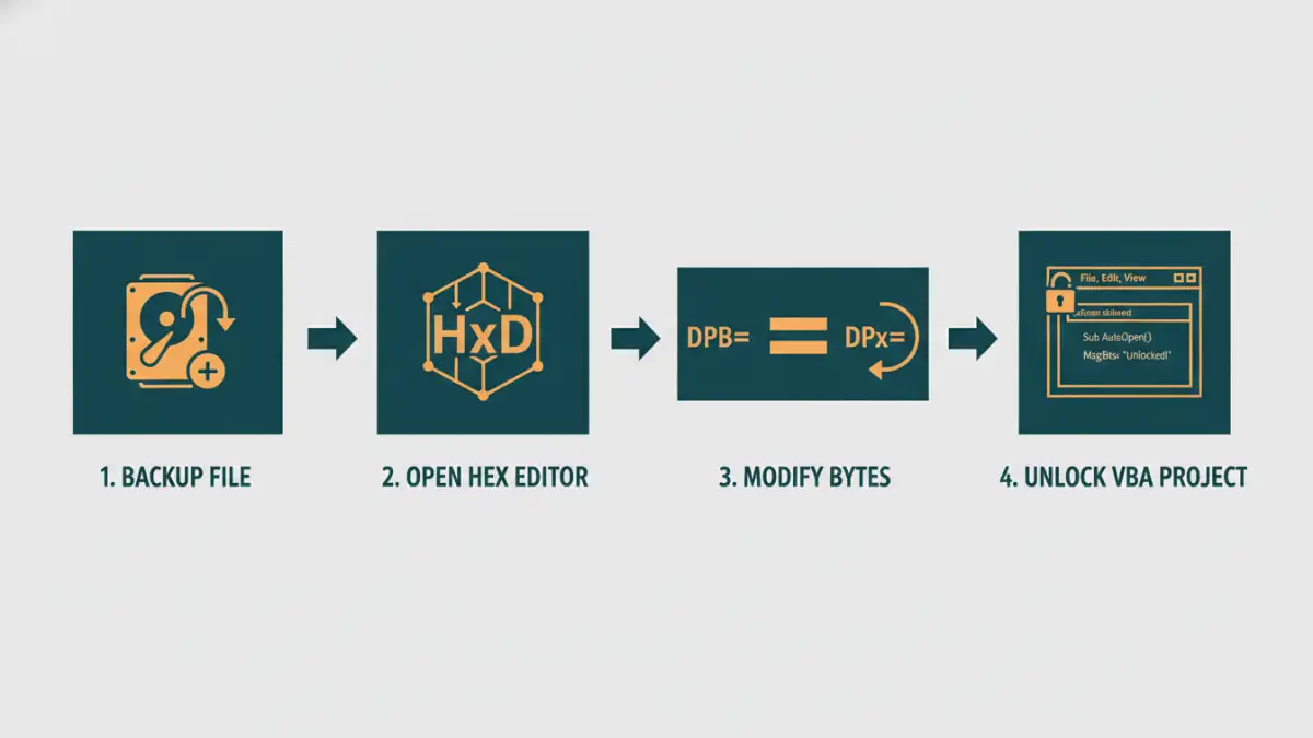 protected vba password protected vba password - Infographic detailing the steps to unprotect a VBA module.