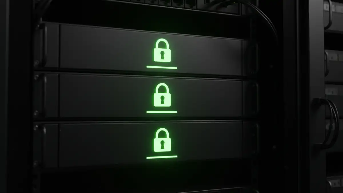 public sector file encryption - Server rack with glowing lock icons illustrating secure file storage for government data.