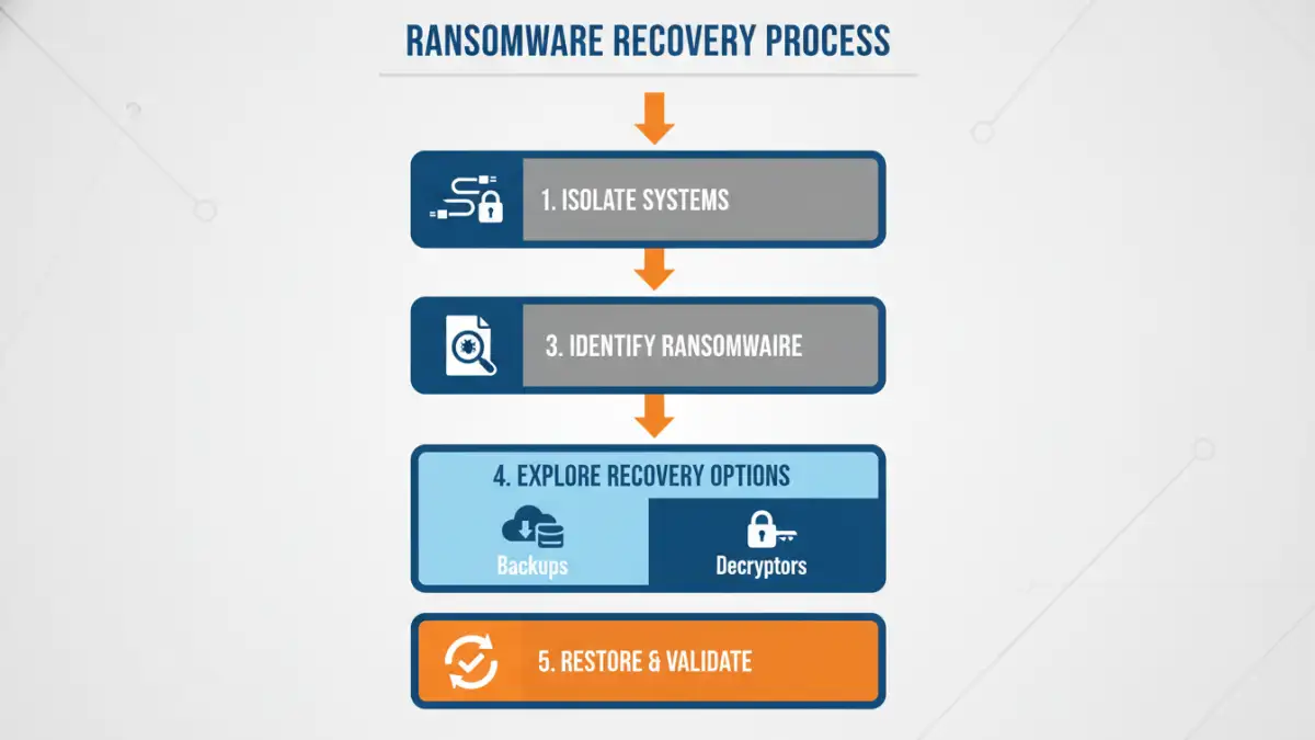 ransomware file recovery Step-by-step infographic for ransomware file recovery process